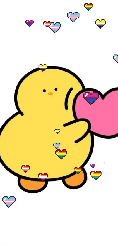 Cartoon yellow duck holding a pink heart.