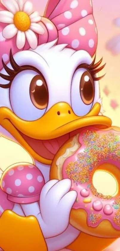 Cartoon duck with donut and pink bow on a colorful wallpaper.