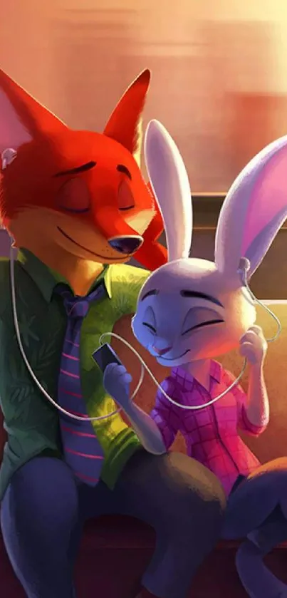 Cute cartoon duo sharing music on a cozy warm backdrop.