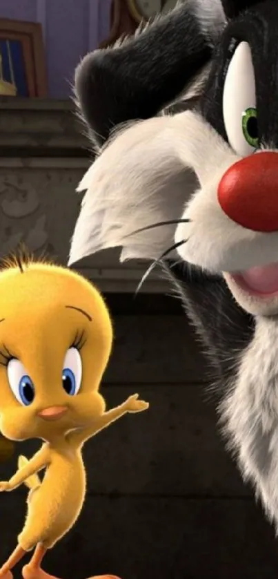 Cute 3D cartoon bird and cat wallpaper.