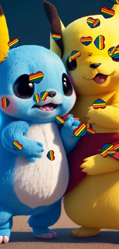 Adorable cartoon duo with vibrant colors hugging.