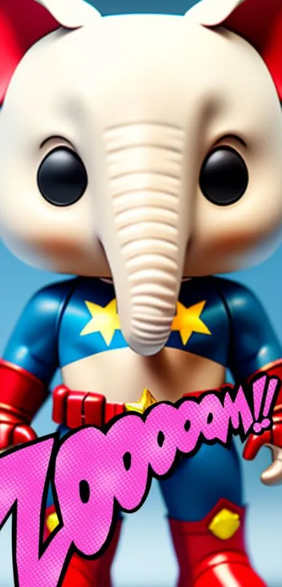 Cute cartoon elephant superhero with comic text 'Zoooom!!' on blue background.