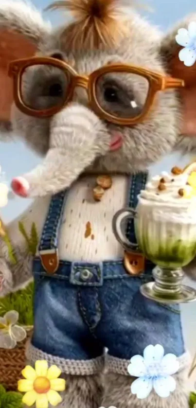 Cartoon elephant with glasses holding a drink, surrounded by flowers.