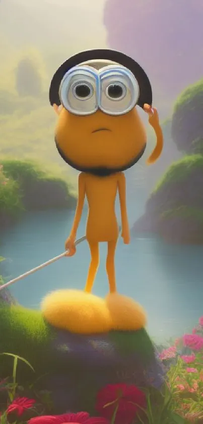 A cute cartoon explorer stands in a vibrant fantasy landscape.