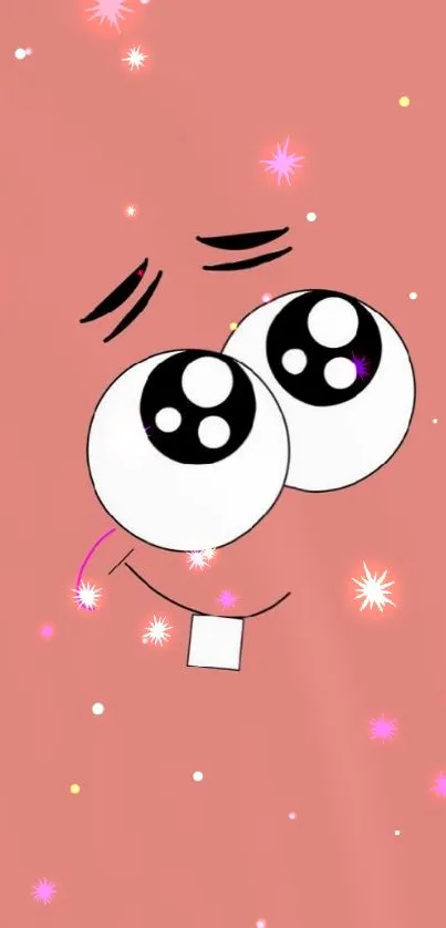 Cute cartoon face with large eyes on pink background.