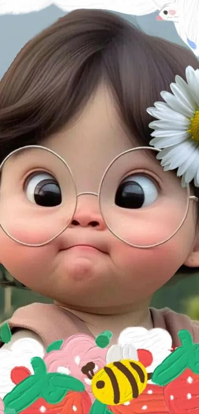 Cute cartoon child with glasses and a daisy.