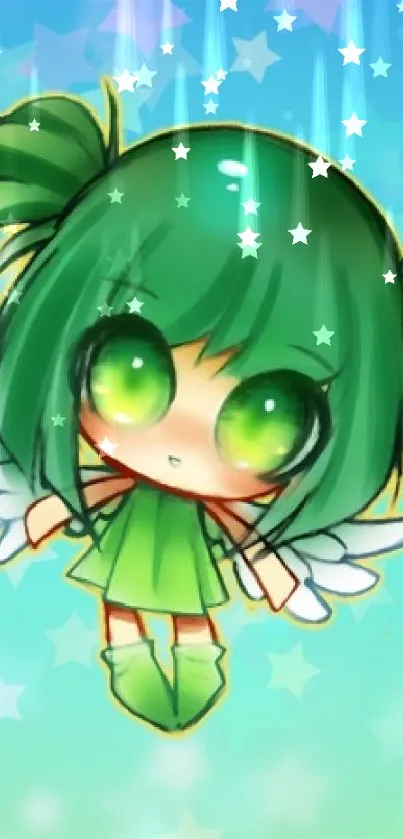 Cute green-haired cartoon fairy with wings against a starry background.