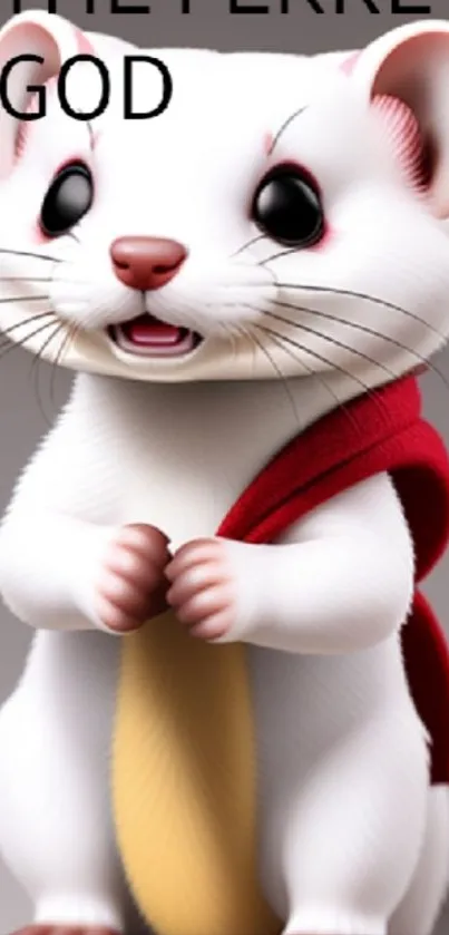 Cute white cartoon ferret with red scarf.