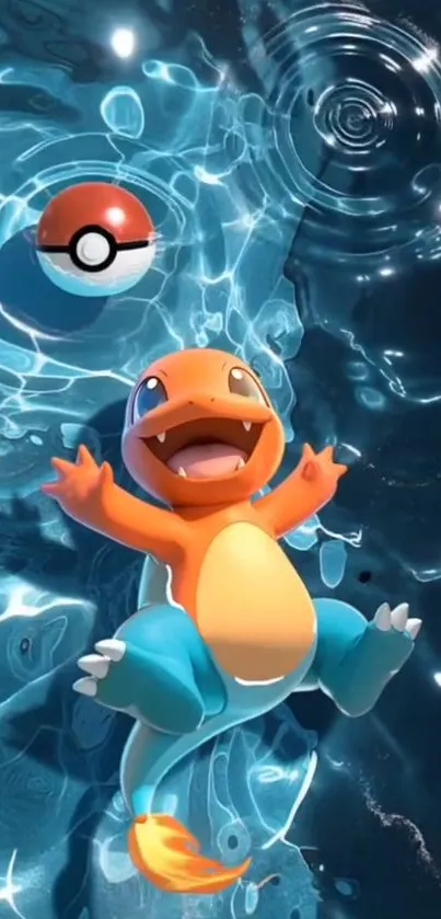 Cute cartoon character floating in water with reflections.