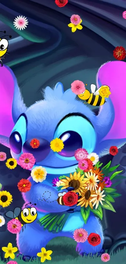 Cute blue cartoon character with flowers and bees on a colorful background.