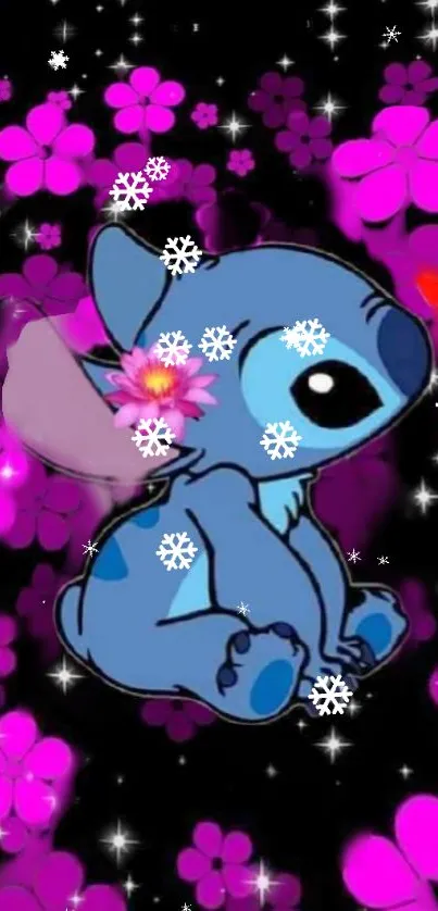 Cute blue cartoon with pink flowers and snowflakes.