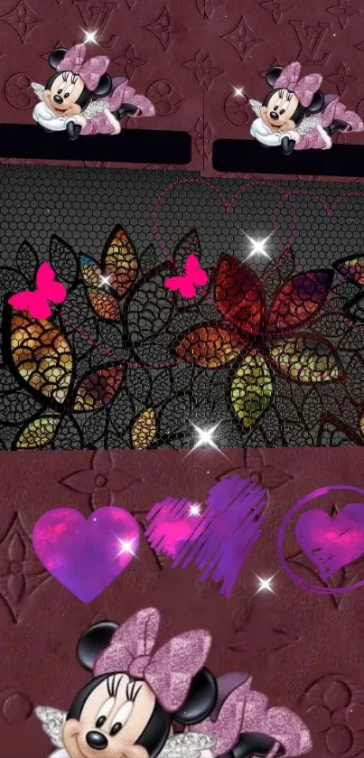 Cute cartoon character wallpaper with floral pattern and hearts.