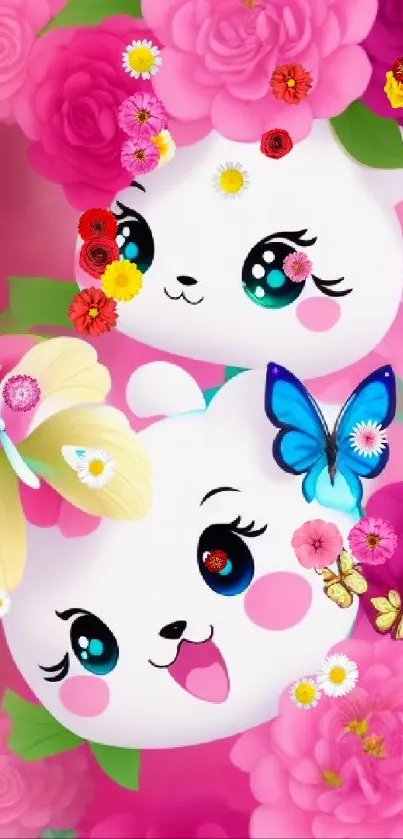 Cute cartoon characters with pink flowers and colorful butterflies.