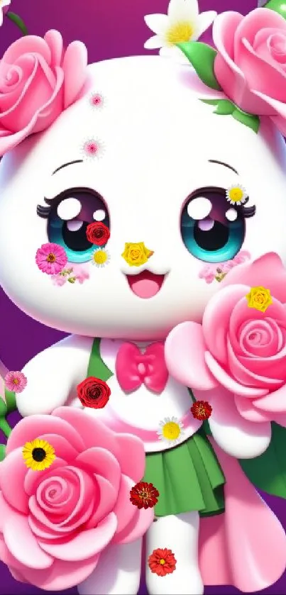 Cute cartoon character with pink flowers on a purple background.