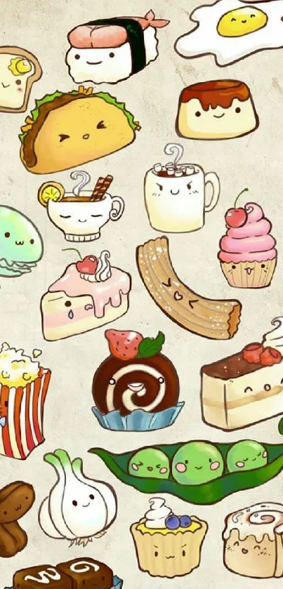 Charming cartoon food wallpaper with cute illustrations.