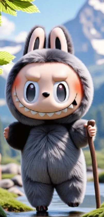 Cute cartoon character in forest setting holding a stick.