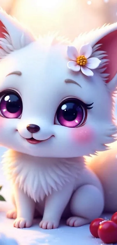 Cute cartoon fox with big eyes and a flower on its ear in a snowy background.