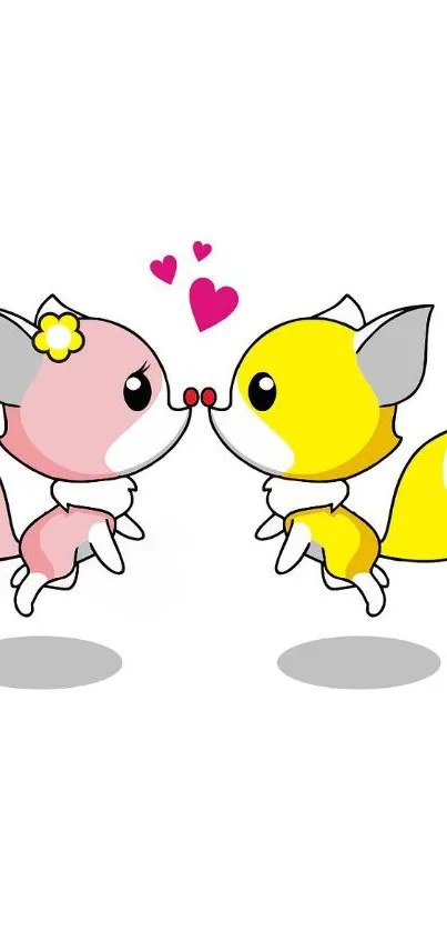 Cute pink and yellow cartoon foxes with hearts, perfect for mobile wallpaper.