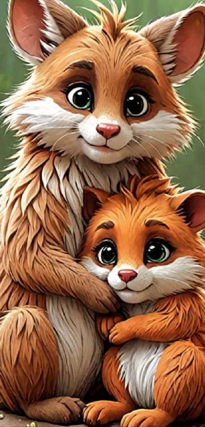 Adorable cartoon foxes cuddling in a lush forest background.