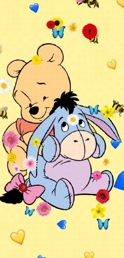 Cute cartoon friends on a yellow background with bees and hearts.