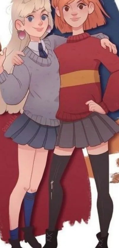 Cartoon friends in cozy sweaters and skirts pose happily.