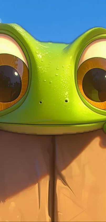 Cute green cartoon frog with big eyes on a colorful background.