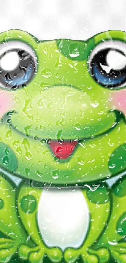 Cute cartoon frog with raindrops on mobile wallpaper.