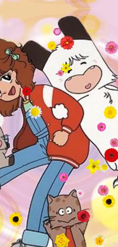 Cute cartoon characters with colorful flowers in a vibrant wallpaper.
