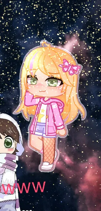 Anime style cartoon characters in a starry galaxy backdrop.