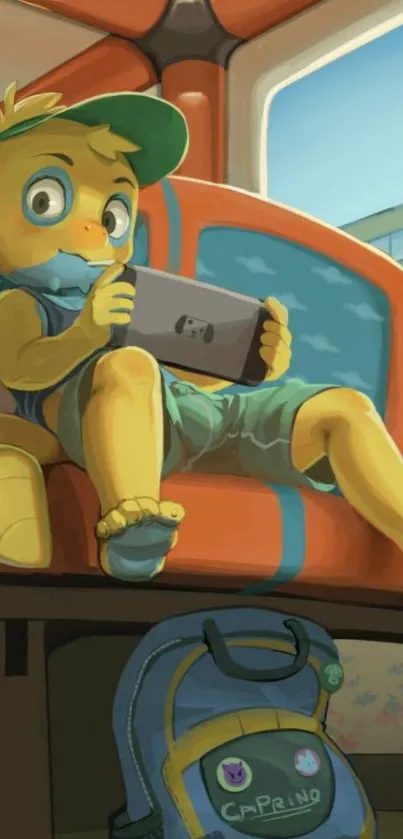 Cartoon duckling in a cozy setting playing games on a mobile device.