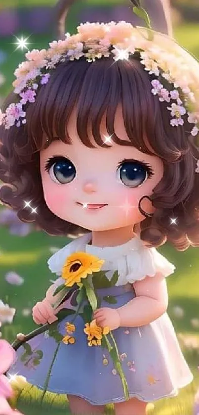 Cute cartoon girl in a floral garden, holding flowers and smiling brightly.