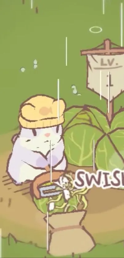 Cute cartoon hamster gardening in the rain.