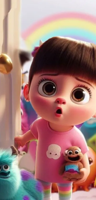 A cute animated girl in a playful cartoon scene with colorful characters.