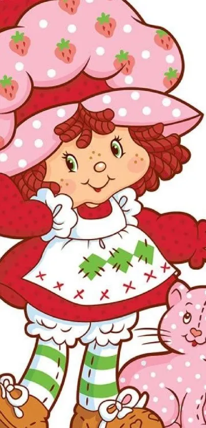 Cute cartoon girl in strawberry outfit with pink cat.