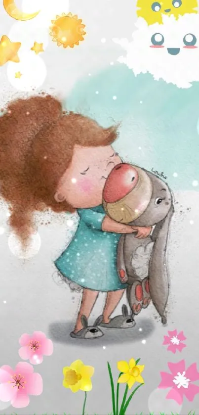 Cute cartoon of a girl hugging a bunny with stars and flowers.