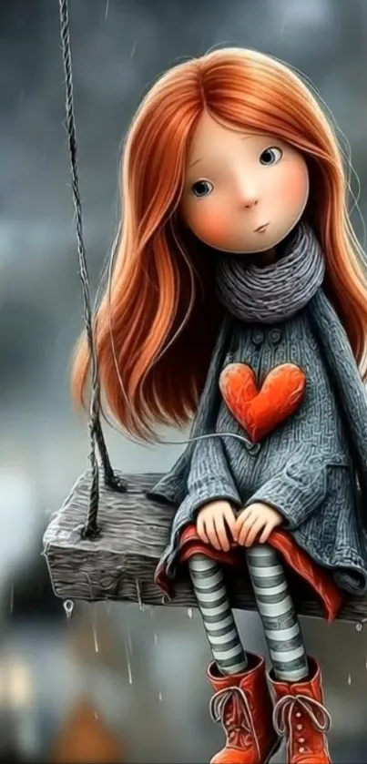 Cartoon girl with red hair on swing, holding a heart.