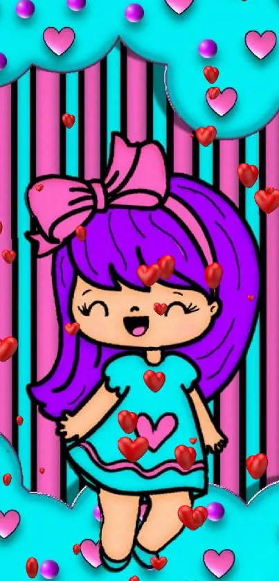 Cute cartoon girl with purple hair and bright hearts.