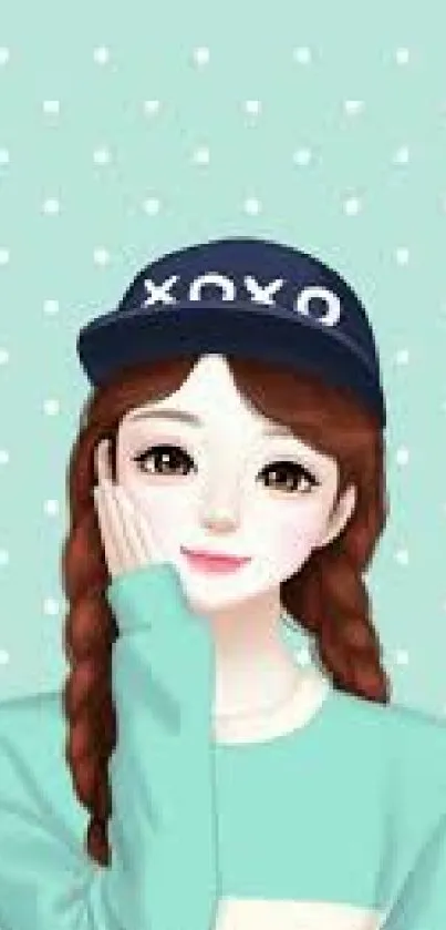 Cartoon girl with braids wearing a 'XOXO' cap on a light blue polka dot background.