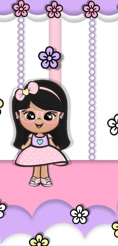 Cute cartoon girl wallpaper with pastel colors and floral accents.