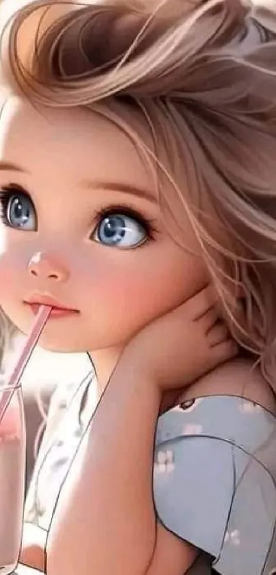 Cute cartoon girl with big blue eyes sipping a drink, perfect mobile wallpaper.