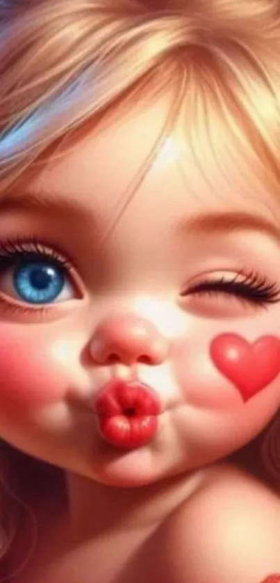 Cute cartoon girl with heart and wink.