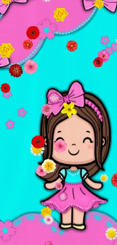 Cute cartoon girl with pink bows on a turquoise background wallpaper.