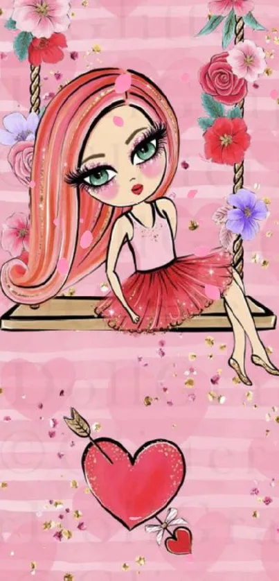 Cartoon girl on swing with pink floral background.