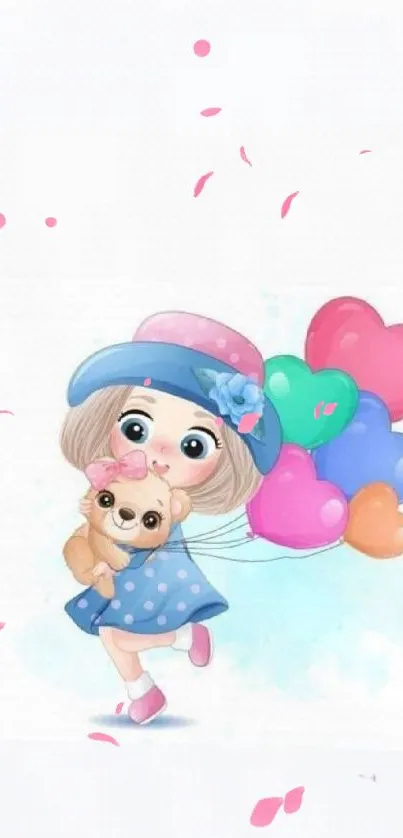 Cartoon girl with balloons and cute teddy character on a light background.