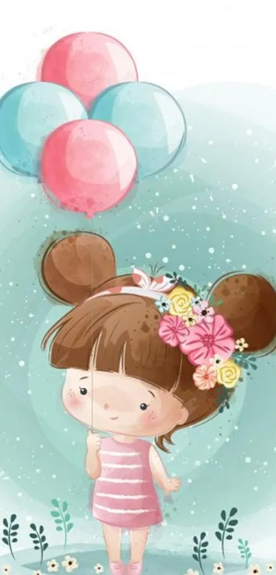 Cartoon girl with balloons and flower headband on teal background.