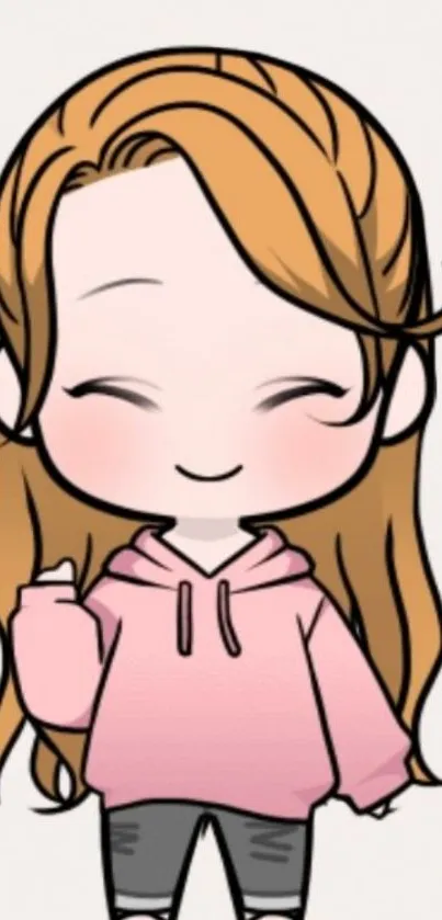 Cute cartoon girl smiling in pink hoodie.