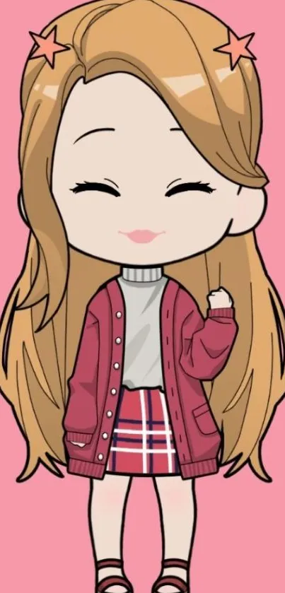 Chibi girl with pink background, wearing a plaid skirt and jacket.