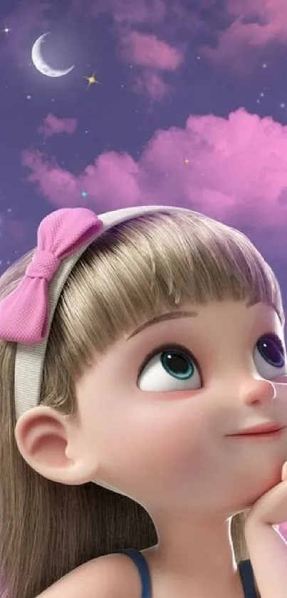 Cute cartoon girl with pink bow under purple sky with crescent moon.