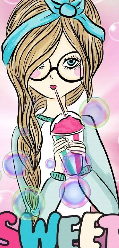 Cute cartoon girl holding a drink with bright colors.