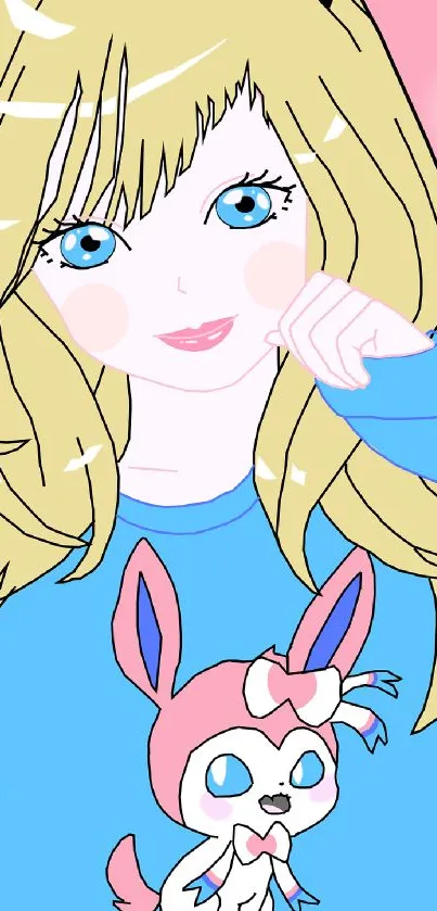 Cute cartoon girl with blue eyes and toy, in a vibrant digital design.